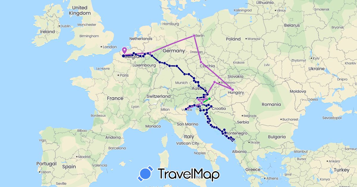 TravelMap itinerary: driving, bus, train in Austria, Bosnia and Herzegovina, Belgium, Czech Republic, Germany, France, Croatia, Hungary, Italy, Montenegro, Slovenia (Europe)